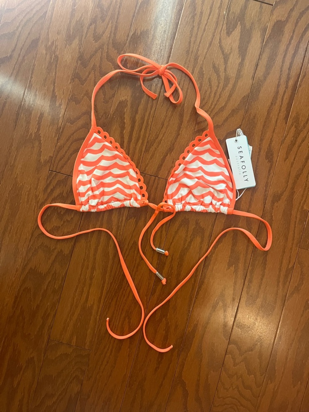Seafolly Coral and White Wave Triangle Bikini Top NWT